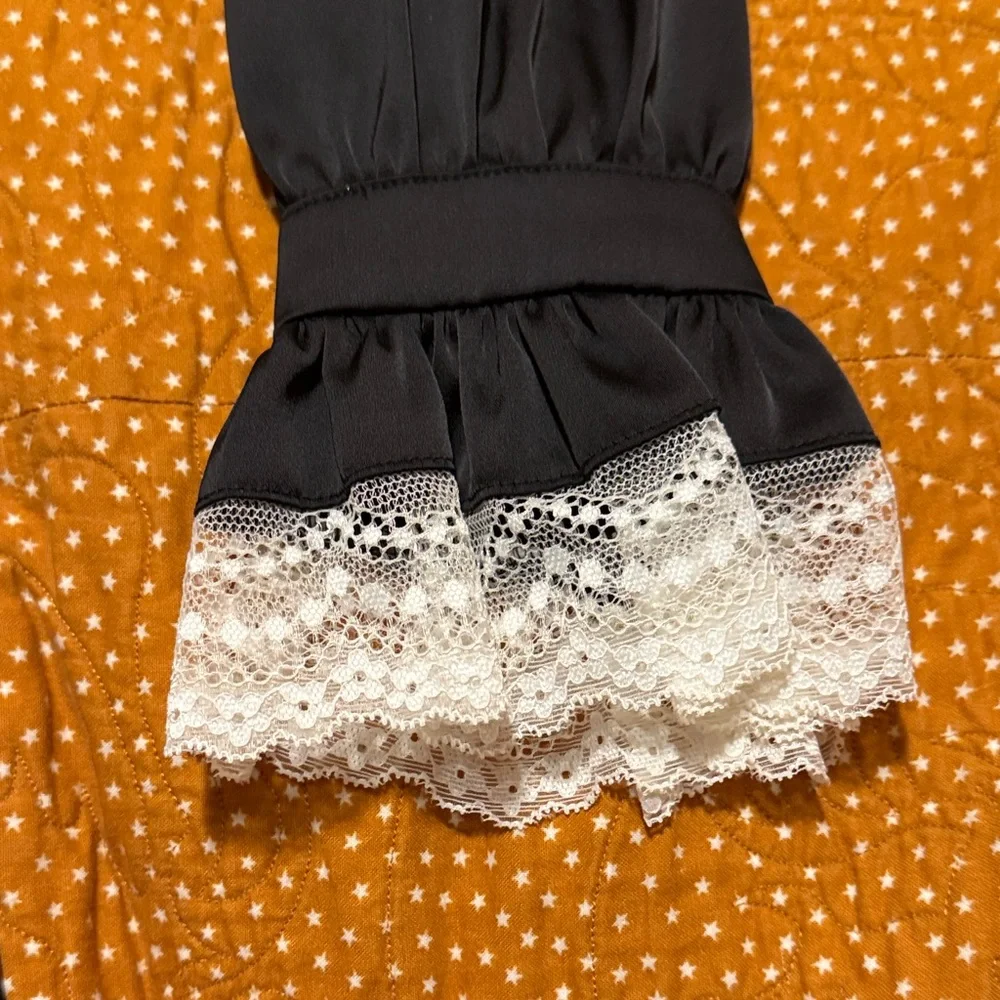 Cider Black Long Sleeve Lace-Trim Dress with Cream Accents